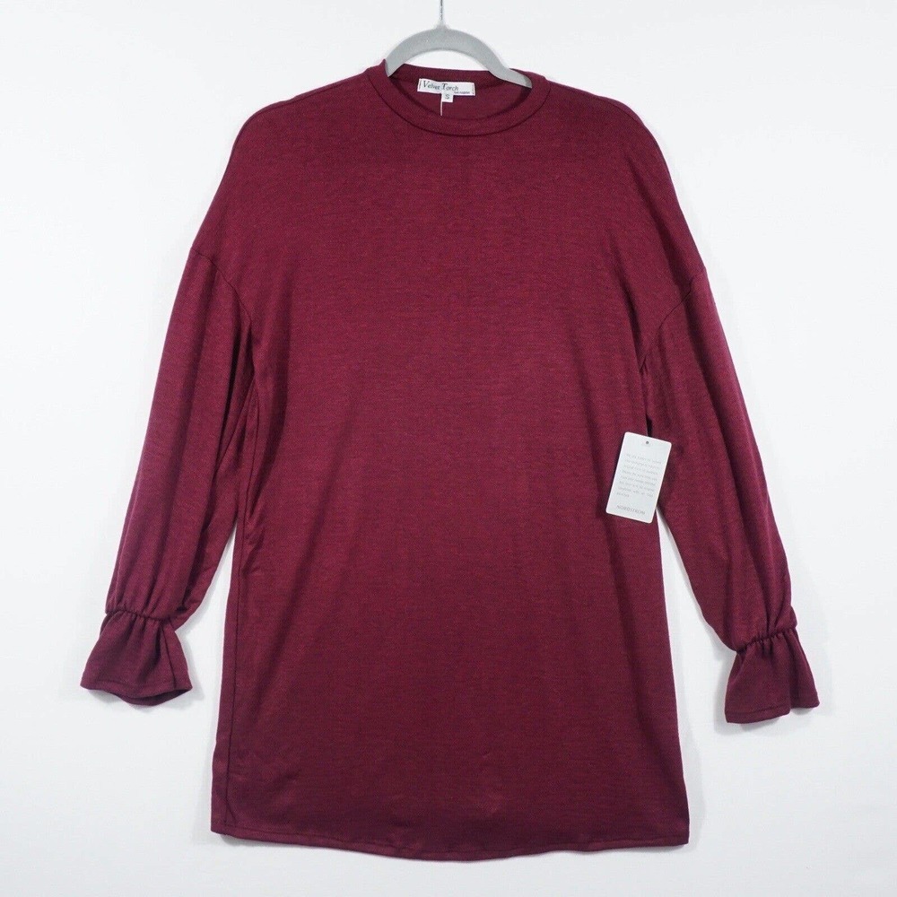 Velvet Torch Women's Long Sleeve Ruffle Tunic Top Size Small Burgundy Sweater